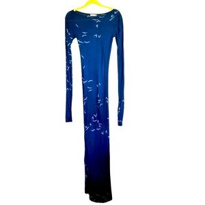 RARE Indah vintage Bird Print Long Sleeve Indah Maxi dress with very high slit